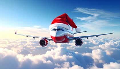Generative AI, red and white plane in a santa claus hat flies through the sky, christmas travel, new year vacation abroad, air transport trip