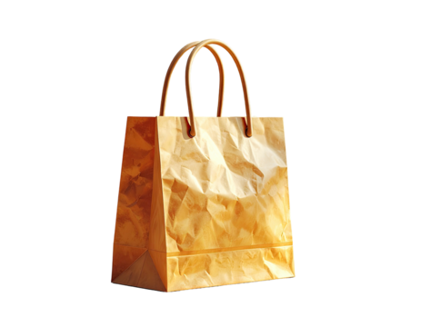 A crumpled, empty paper shopping bag with brown handles isolated on a black background