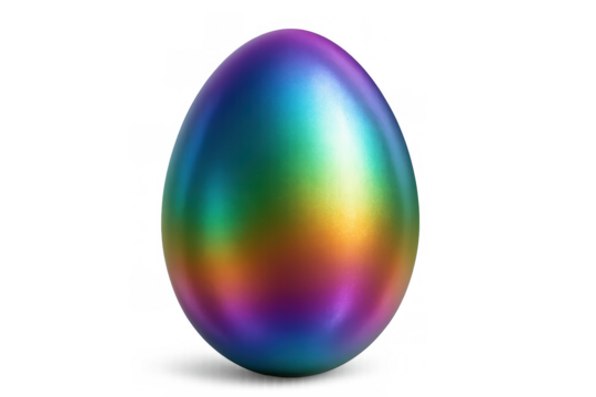 Rainbow metallic egg glowing with vibrant gradient colors, shiny easter symbol isolated on transparent background