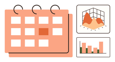 Open calendar with highlighted date and graphs representing data analysis and tracking. Ideal for time management, planning, business, reporting, tasks, deadlines, productivity. Simple flat metaphor