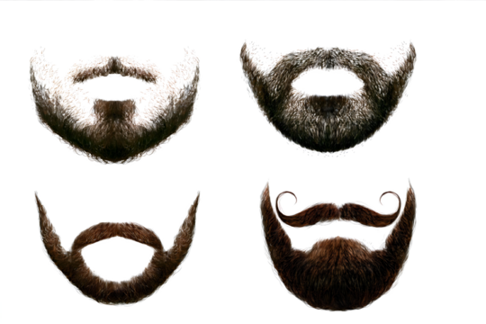A collection of four distinct men's facial hair styles, including various beards and mustaches, isolated on a white background.