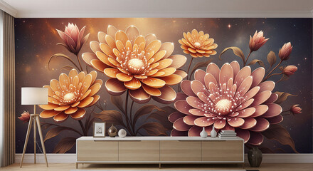 Cosmic Luminous Floral 3D Mural Background, 3D Floral Wallpaper, Decorative Wall Mural, Mural Background.