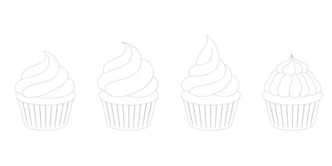 Black And White Set Illustration Of Cute Sweet Cupcake With Cream  For Kids Coloring Page.