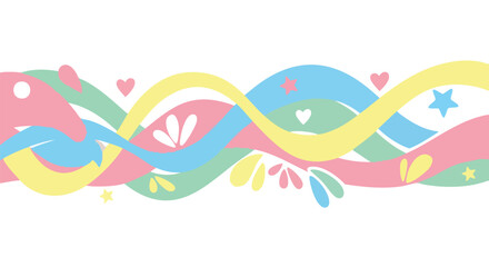Pastel swirls, gentle curves, whimsical motifs, delicate shapes and playful color palette evoking lighthearted joy in a decorative design element