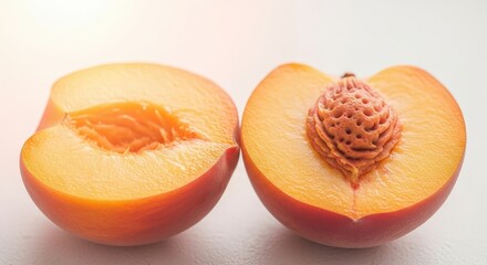 Two peach halves one with a pit showcasing the fruits vibrant color and texture ideal for food blogs and healthy eating promotions