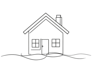 Simple house outline on a black backdrop with a chimney, windows, and subtle wavy line
