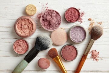 Assorted makeup powders and brushes on a white wooden surface