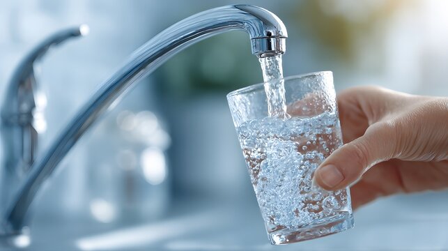 Pouring fresh drinking water into glass from kitchen tap.

Close-up of hand filling glass with clean tap water