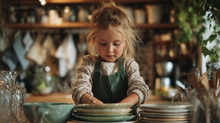 A young girl is engaged in washing dishes in the cozy kitchen, surrounded by various plates and utensils. The girl's focused hands demonstrate her responsibility in the daily task