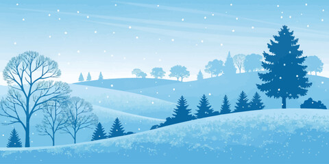 Vector christmas a winter landscape with snow falling on trees and hills in shades of blue and white creating a serene scene