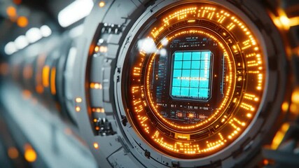 A detailed shot of a clock face with many lights, suitable for use in time-sensitive or futuristic themed projects - Powered by Adobe