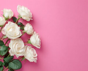 Arrangement of white roses with green leaves on a vibrant pink background studio shot top down view