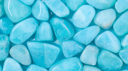 A collection of smooth, light blue gemstones scattered together, showcasing their unique shapes and textures.