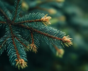 A close up shot of a fir tree branch with water droplets on it in a blurred background outdoors nature