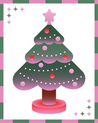Vertical Christmas card with a modern stylized tree featuring soft gradient colors and glossy ornaments in pink, green and red. Ideal for festive greetings, social media posts and seasonal designs.