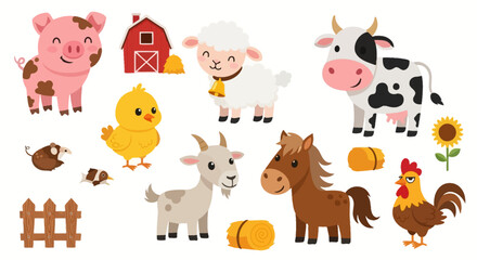 Fototapeta premium Cartoon farm animals including pig, cow, sheep, horse, chicken, goat, and barn.