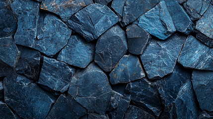 Fototapeta premium A textured surface of dark blue slate stones arranged irregularly, creating a striking pattern that highlights natural geological formations.