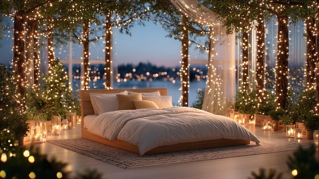Enchanting Bedroom with Fairy Lights and Scenic Water View at Dusk