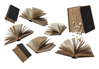 Collection of antique open and closed books with pages fanning out and one book disintegrating isolated on a transparent background