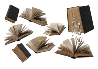 Collection of antique open and closed books with pages fanning out and one book disintegrating isolated on a transparent background