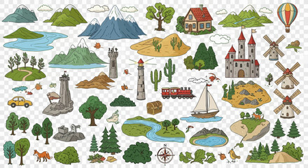 Camping gear icons: tent, fire, backpack, sleeping bag, compass, map, thermos, flashlight, axe, chair, table, stove.