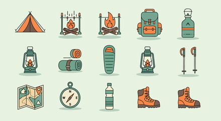 Camping gear icons: tent, fire, backpack, sleeping bag, compass, map, thermos, flashlight, axe, chair, table, stove.