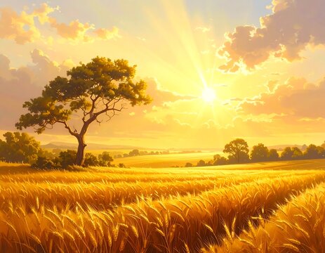 A vibrant sunrise casts golden light over a vast wheat field, illuminating a lone tree and fluffy clouds