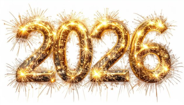 Sparkling "2026" text with golden fireworks backdrop
