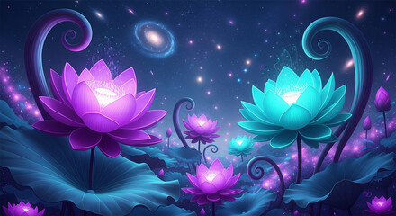 Cosmic Luminous Floral 3D Mural with Starry Night Sky Background, 3D Floral Wallpaper, Decorative Wall Mural, Mural Background.