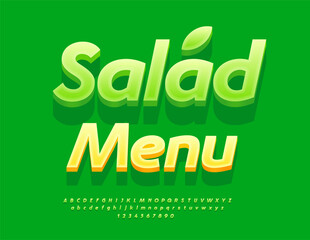 Naklejka premium Vector template Salad Menu for Food Bar, Restaurant, Cafe. Modern 3D Font. Green Stylish Alphabet Letters and Numbers set