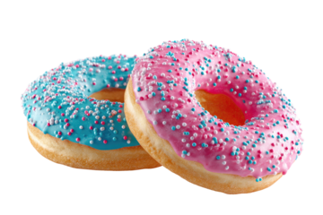 Two glazed donuts, one pink and one blue, topped with sprinkles, sit side by side