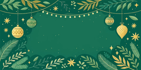 Vector christmas festive green background with ornaments, stars, leaves and a string of lights creating a holiday mood