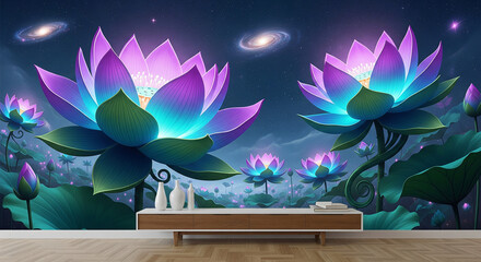 Cosmic Luminous Floral 3D Mural with Starry Night Sky Background, 3D Floral Wallpaper, Decorative Wall Mural, Mural Background.