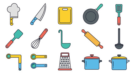 Camping gear icons: tent, fire, backpack, sleeping bag, compass, map, thermos, flashlight, axe, chair, table, stove.
