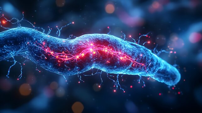 Nerve cell or neuron with electric activity in blue bokeh. - Powered by Adobe