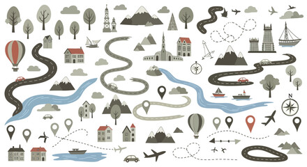 Camping gear icons: tent, fire, backpack, sleeping bag, compass, map, thermos, flashlight, axe, chair, table, stove.