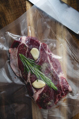 Beef steak in a vacuum bag. Sous-vide