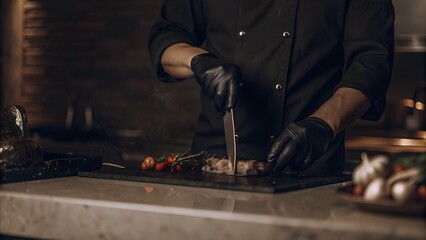 close up in a restaurant in a rib bar in the central hall a chef in black gloves puts mussels on a salad with tweezers