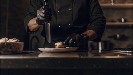 close up in a restaurant in a rib bar in the central hall a chef in black gloves puts mussels on a salad with tweezers