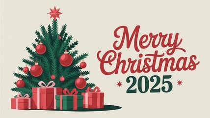 Merry christmas 2025 with christmas tree, gifts and red ornaments on it