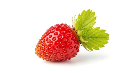Fresh Ripe Strawberry with Green Leaves Isolated on White.