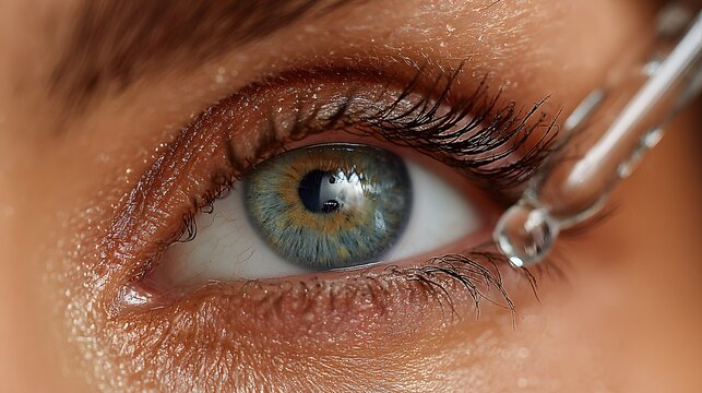 Blue eye receiving a drop of medicine or saline solution.

Eye care and hydration with medical eye drops