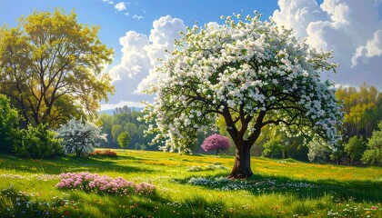 Fototapeta premium Lush meadow with blooming trees and vibrant flowers under a bright sky.