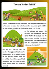 An inspirational children's fable illustration about a small turtle's courageous climb up a tall hill, teaching a valuable lesson in perseverance