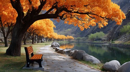 Autumn path by a tranquil lake, lined with vibrant orange trees and a peaceful wooden bench