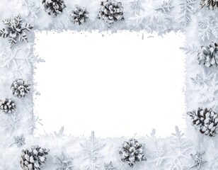 Snowy frame with pine cones and snowflakes