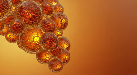 Cluster of amber sphere with geometric pattern, creating a cellular or molecular network, representing structure, connection, and light, with free space