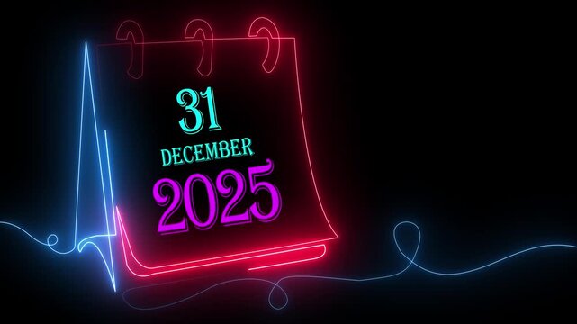 Neon Glowing Calendar Art Showing 31 December 2025 Countdown. Futuristic New Year Party Night Celebration Poster, Festival Greeting Card Template and Event Banner Design.
