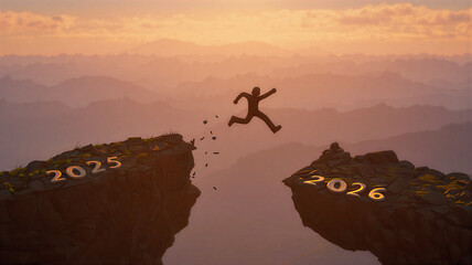 Welcome this joyful season of Merry Christmas and a Happy New Year 2026. A man leaps across the gap from the 2025 cliff to the 2026 cliff, set against a glowing sunset and twilight sky
