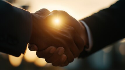 In a warm sunset light, a man's hand meets another man's hand in a firm handshake, signaling a business agreement. This handshake underscores trust and partnership in a professiona